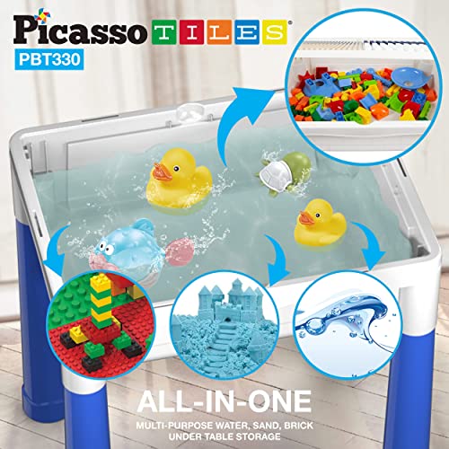 PicassoTiles Kids Activity Center Play Table & Study Desk Set Sandbox Water Tight Container Storage All-in-1 STEM Toy Kit Playset with 330pc Dual Size Building Bricks Construction Blocks Marble Run