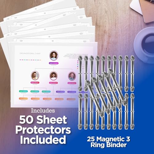 25 Pack Magnetic 3 Ring Binder, 1 Inch Locking D-Ring, 50 Protectors