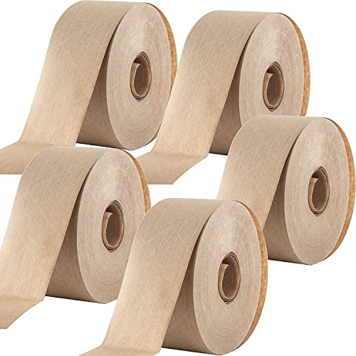 Ultra Durable Water-Activated Tape for Secure Packing 5Pk. 2.75In, 450Ft Brown Kraft Gum Tape Provides Heavy Duty Adhesive for Packaging and Shipping. Fiberglass Reinforced for Extra Strong Bond.