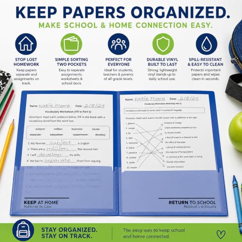 24 Pack Twin Pocket Vinyl Classroom Folders, Blue Folders with Clear Covers