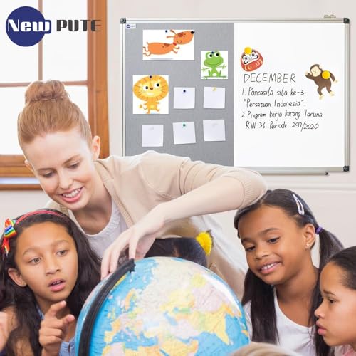 NEWPUTE White Board and Cork Board Combo - 36 x 24 Inches Large Dry Erase Whiteboard and Bulletin Board, Magnetic Wall Pin Display Board for Home, Classroom & Office, 24"x36" Grey