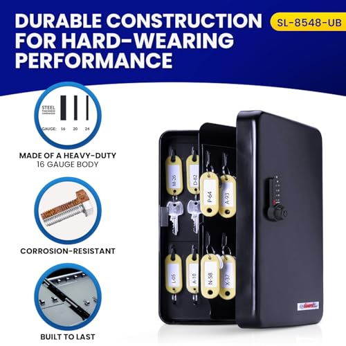 KeyGuard Dual Access Combination Key Cabinet With Black 4-Dial Combi-Cam Ultra - 48 Hook, Conveniently Store Your Keys with 10,000 Possible Combinations, SL-8548-UB