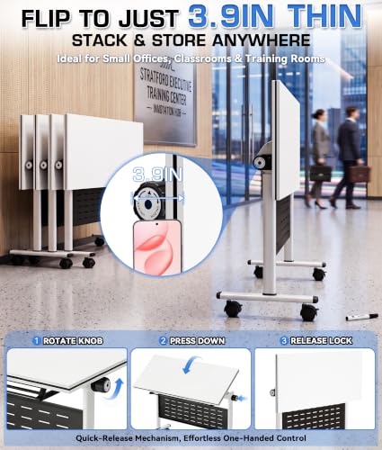 47in Folding Conference OffcieTables, Heavy-Duty Commericial Mobile Table, Modular Training Table with Wheels & Privacy Panel for School Classroom,Library,Training Center,Seminar, Office (2 PACK)