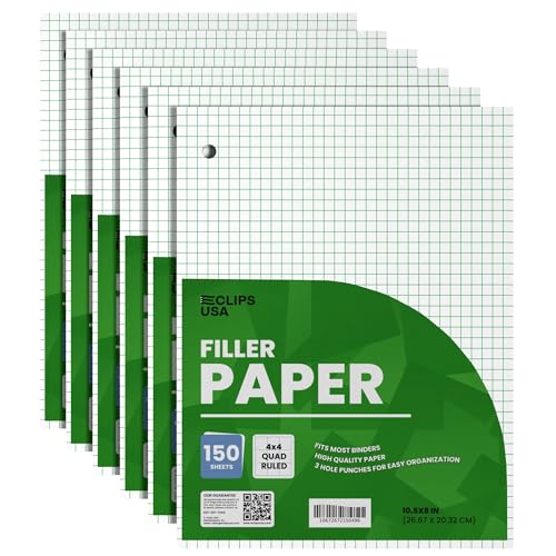Graph Paper Loose Leaf Paper Quad Ruled Notebook Paper Quad Ruled 4” x 4” Square Lined Writing Filler Paper 10.5” x 8” 900 Sheets 150 Sheets Per Pack 60 gsm (6 Pack)