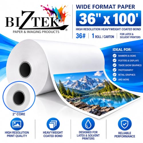 BIZTEK Wide Format Paper 36" x 100' High Resolution Heavyweight Coated Bond with 2"core 36# For Latex and Solvent Printers 1 roll/carton