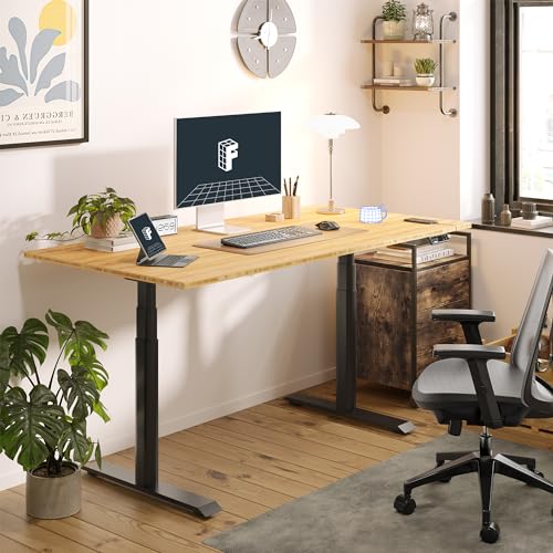FLEXISPOT E6 Pro Organic Modern Bamboo Standing Desk, Electric Dual Motor 3-Stage Height Adjustable Desk with Oval Legs, Heavy Duty 330lbs, 55" x 28" Bamboo Desktop, Black Frame