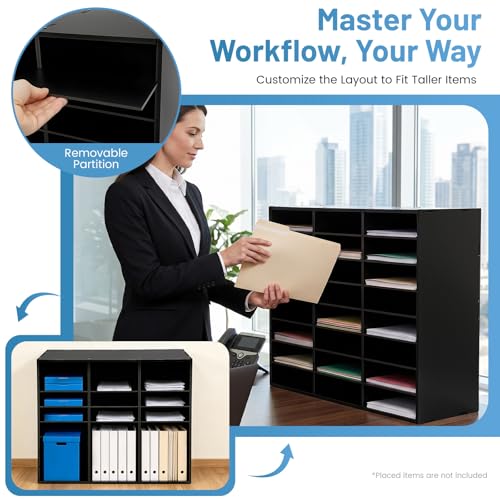 QWNBG 24 Compartments Literature Organizer with Adjustable Shelves Desktop File Sorter Mail Center Paper Storage Cabinet Home & Office Mailbox School Classroom Keepers (Black 24 Slots)