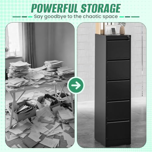 VIYET 5-Drawer File Cabinet with Lock.Vertical Steel Storage for Letter/Legal/A4 Size Folders,Anti-Tip Safety Design,Black