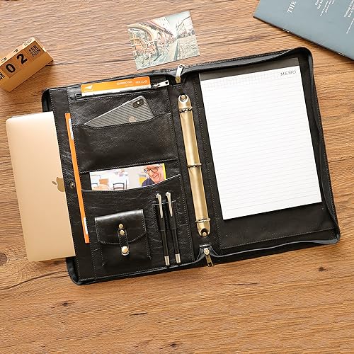 3-Ring Leather Portfolio, Legal Size Portfolio with Handle, 3 Ring Binder Padfolio & Zipper, 15" Laptop Bag Business Organizer for Him (Standard, Black)