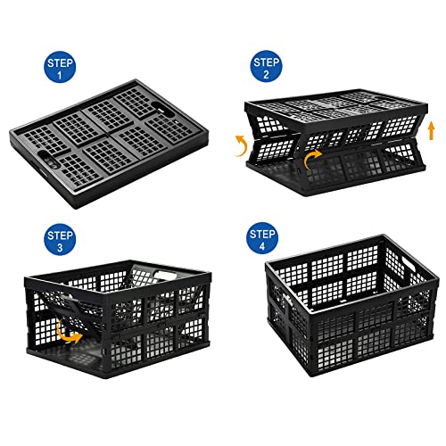 Eslite 34L Large Plastic Folding Storage Crates,Collapsible Crates for Storage,Pack of 3 (Black)