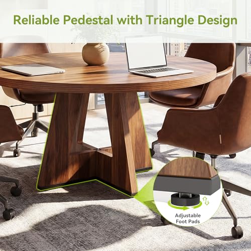 LITTLE TREE 47 Inches Round Conference Table for 4-6, Small Meeting Table, Modern Circle Podcast Table, Business Style Wooden Office Training Table with Strong Pedestal for Office Conference, Brown