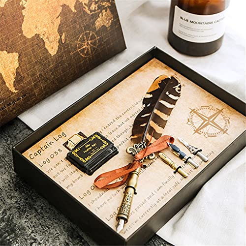 Retro Classical Feather Dip Pen Fountain Ink Bottle with 3 Nibs Stationery Gift Box for School Birthday Calligraphy (Color : A) (C)