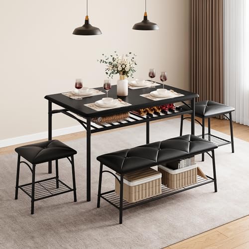 Garvee Industrial Dining Table Set for 4, Kitchen Table Set with 2 Upholstered Stools and 1 Bench, Space Saving Kitchen Table and Chairs Set for Apartment, Rustic Brown, Small Space