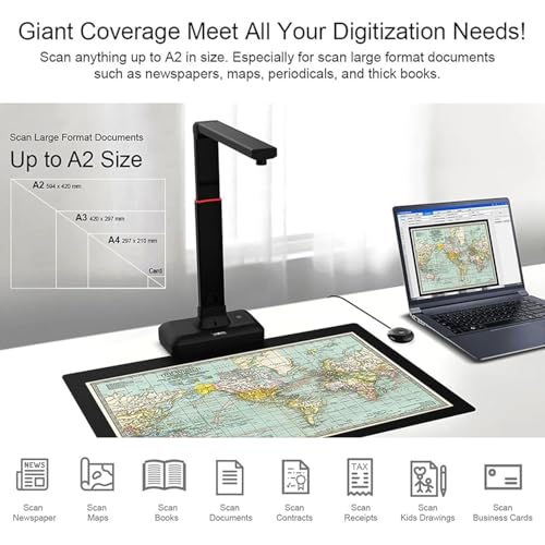 A2/A3 Large Format Book & Document Scanner, 26MP High Resolution Overhead Scanner, with Auto-Flatten & OCR, Non-Destructive Scanning for Maps, Newspapers