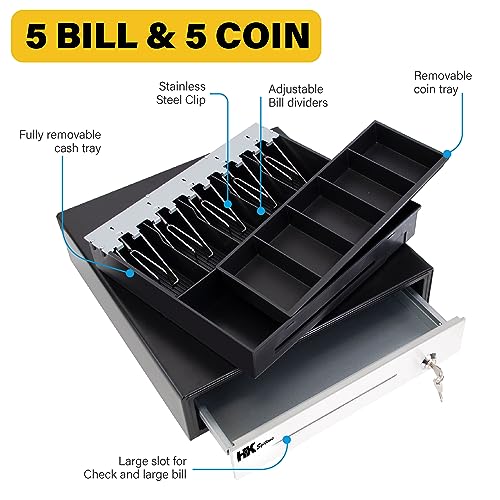 HK SYSTEMS 16inch "Stainless Steel" Front Heavy Duty Black POS Cash Drawer with 5Bill/5Coin