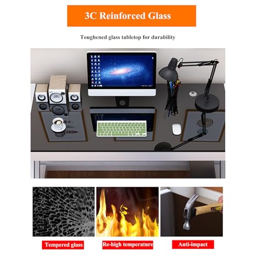 Modern Office Desk with Glass Top & Z-Shaped Metal Frame, Tempered Glass Computer Desk, Sturdy Writing Desk Table Study Desk, Gaming Desk Computer Desk for Home Office Workstation(Black+black,80*60*75