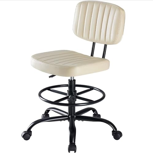 Wonder Comfort Drafting Chair with Adjustable Foot Ring, Tall Swivel Task Chair for Standing Desk, Armless Rolling Office Stool for Studio & Salon, Cream White