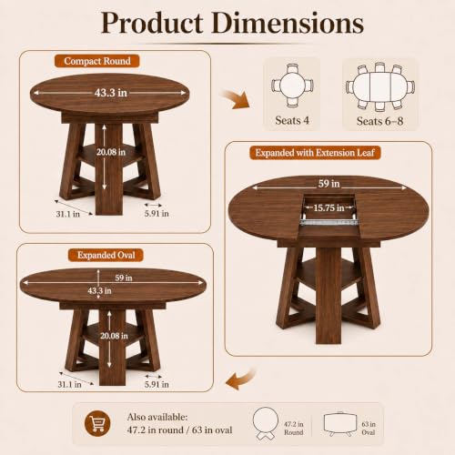 YunKiTech 43 59" Wooden Extendable Round Conference Table 4-6-8 People