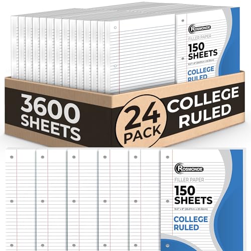 Rosmonde 24 Pack Loose Leaf Paper Bulk, 3600 Sheets, College Ruled Paper