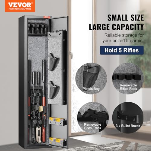 VEVOR 5 Rifles Gun Safe, Rifle Safe with Fingerprint Lock, Quick Access Gun Storage Cabinet for Shotguns with Removable Shelf & Pistol Rack