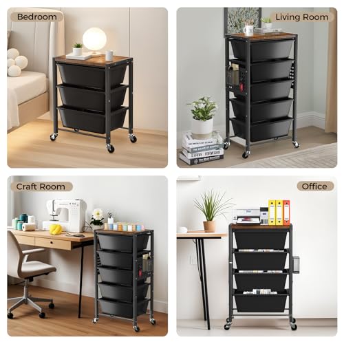 Rolling Cart with 5 Drawers, Plastic Drawer Storage Carts with Wheels & Wooden Tabletop, Metal Utility Cart with Pegboards, Office Living Room Classroom Craft Organization and Storage, Dark Black
