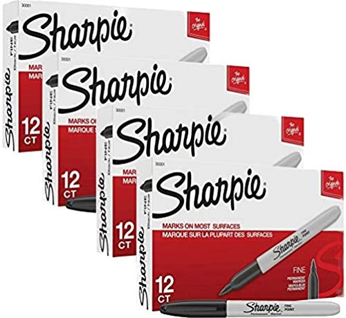 Sharpie 30001 Fine Point Permanent Markers, Black; Fading and Water Resistant Ink, 4 Boxes of 12 Makers Each, 48 Markers Total
