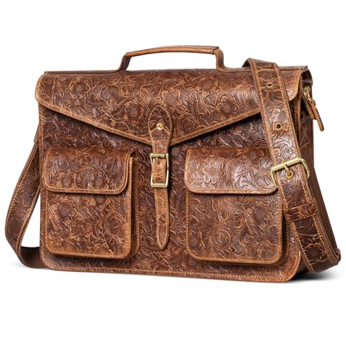 Gexmil Leather Messenger Bag, Laptop Briefcase Bag,Flower Brown