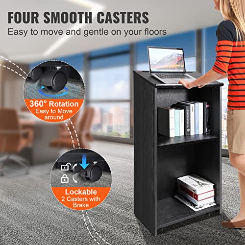 VEVOR Podium Stand, 47-inch Mobile Lectern with 4 Casters, Wooden Presentation Stand with Shelves, Angled Top, for Church, Office, School, Home Use, Black