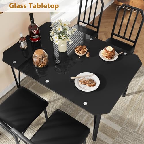 MERXENG Dining Table Set for 4 with Black Glass Top, Modern Kitchen Table and Chairs with Cushioned Seats, Space-Saving Dining Room Furniture for Apartment or Small Space, Easy to Assemble
