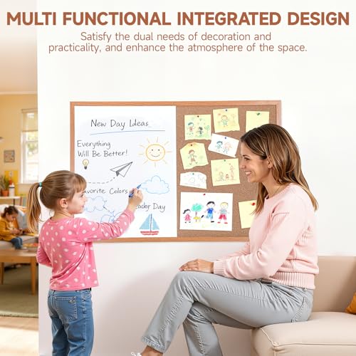 Magnetic Dry Erase Cork Board Combo, Wall Mounted Whiteboard and Bulletin Board Set, Wooden Frame Vision Board with Markers and Push Pins for Organization and Planning Displays (60x90cm)