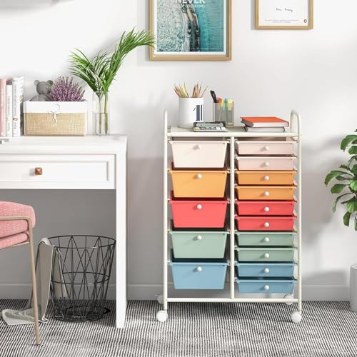 LDAILY 15 Drawer Rolling Storage Cart, Rolling Cart with Drawers for Classroom, Art Supply Craft Organizer on Wheel with Metal Frame & Handles for Home Office School