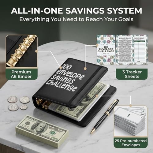 100 Days Money Saving Challenge Coin Envelope Budgetstorage Book, Money Saving Binder, Cash Envelopes for Budgeting, Budget Planner Binder to Save $5,050 and $500 and $10,000(Mixed)