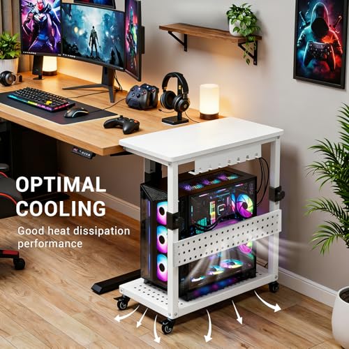 LALFPET Adjustable Height Rolling Computer Stand, 2-Tier Mobile CPU Tower & Printer Cart - Wood Top/Metal Frame - Wheels - Under Desk PC Holder, White