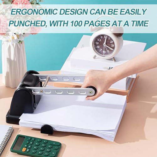 2 Hole Paper Punch, Heavy Duty Paper Punching Machine with 2 Replaceable Blades, 100 Sheet(Thickness 15mm) Punch Capacity, Hole Diameter 6mm, Durable for Office, Print Shops, School