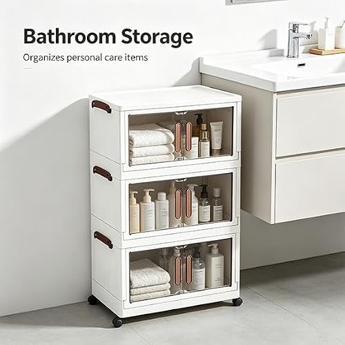 PEDXVNI Stackable Storage Bin Set With Rolling Casters, Transparent Magnetic Doors, Reinforced Handles, Durable Plastic, Multi-Tier/Size Options, Indoor Use(3)