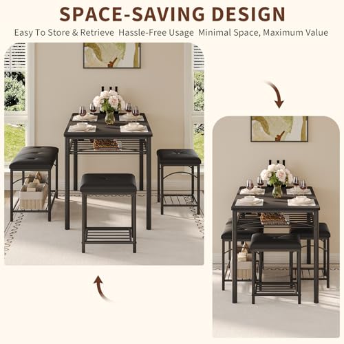Garvee Dining Table Set for 4, Kitchen Table with Upholstered Bench and 2 Stools, 4 Pieces Kitchen Table Set with Storage Rack & Metal Frame for Small Space, Kitchen Table and Chairs Set for Apartment