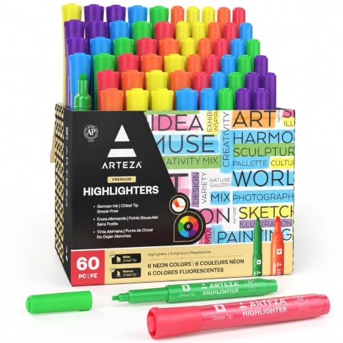 ARTEZA Highlighters, Set of 60 Assorted Neon Colors, Wide & Narrow Chisel Tips, Quick-Dry Smear-Resistant Ink for Notes, Planning & Journaling