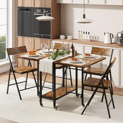 GAOMON 5 PCS Farmhouse Dining Table Set for 4, 47" Large Wooden Folding Dining Table Set with 4 Foldable Chairs, Drop Leaf Foldable Kitchen Table on Wheels, Sturdy Steel Frame ＆ Space Saving, Retro