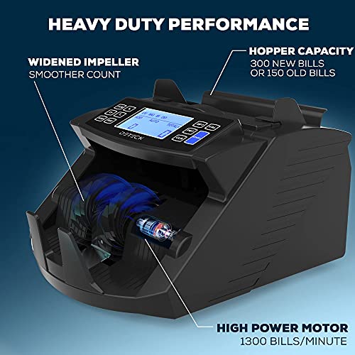 DETECK DT200 Money Counter Machine with Value Count - Large 4” LCD Display Cash Counter Machine, Add and Batch Modes, UV/MG/IR Counterfeit Detection Bill Counter, 1300 Bills/Min - Print Option