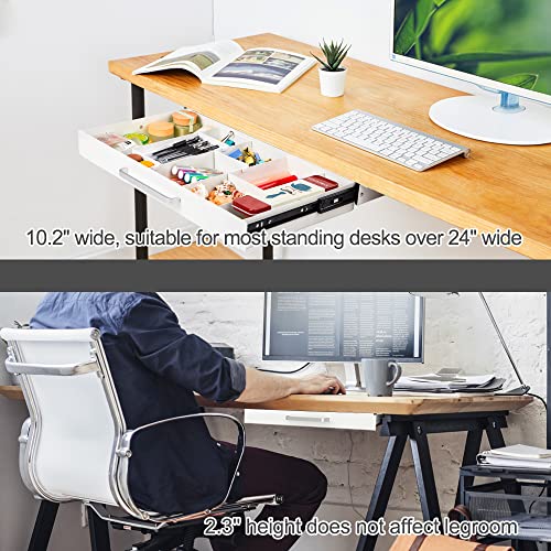 Large Size Under Desk Slide out Pencil Drawer White with Adjustable Space Divider Design for Storing Pencil and Office Accessories, Underdesk Pull out Tray Organizer Mounted for Sit Stand Workstation