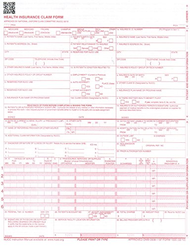 New CMS 1500 - HCFA Insurance Claim Forms and Self-Seal No. 10-1/2 Tinted Window Envelopes - 50 Forms and ENVELOPES