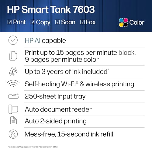 HP Smart Tank 7603 Wireless All-in-One Ink Tank Printer, Scanner, Fax, Copier with up to 3 Years of Ink Included, Best-for-Home Office, Cartridge-Free Refillable, AI-Capable (D34F7A)