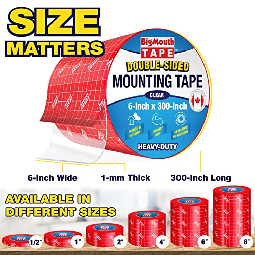 BigMouth Tape - 6 Rolls Double Sided Tape, 6-inch x 1800-Inch, Strong Tape, Mounting Tape Heavy Duty, Clear Double Sided Tape, Double Stick, Wide Tape, Reusable