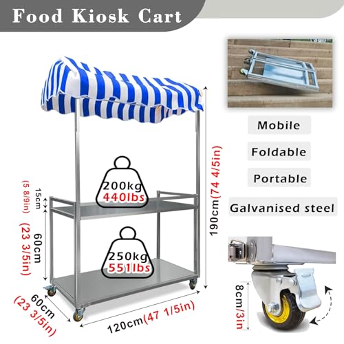 Metal Food Cart with Wheels for Business, Portable Street Food Kiosk/Farmers Market Booth, 100x50/40x20'' 120x60/47x24'' Food Vendor Booth Display Stands(100x50cm/39.4x19.7in)
