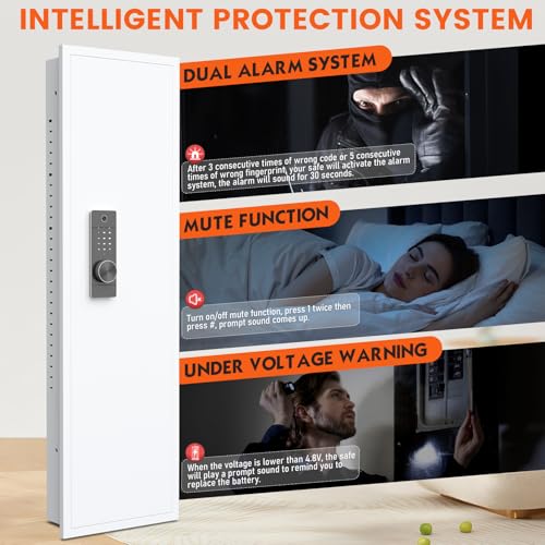 kavey 53.15" Wall Safe Between the Studs, Biometric Hidden Wall Safe with LCD Keypad & Dual Alarm, In Wall Gun Safe with 5 Adjustable Shelves & Magnetic Slot (White-Biometric)