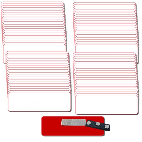 Magnetic Name Tags/Badges with Super Strong Magnetic Fasteners UNATTACHED - 100 Pack Kit Includes Crystal Clear Gloss Printable Labels - Red Name Badges with 1/8th Rounded Corners 1 X 3 Inch Size