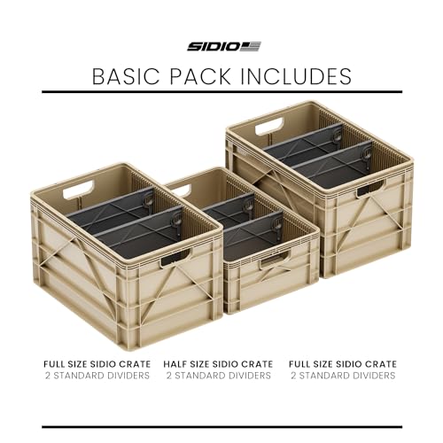 SIDIO Basic Pack, Heavy Duty Stackable Storage Bins with Dividers, Tan