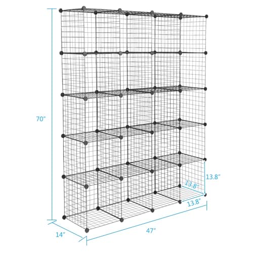 Kaireey 20-Cube Modular Wire Grid Storage Organizer, DIY Metal Cube Shelving Unit with Plastic Connectors, Origami Bookcase for Closet, Bedroom, Living Room & Office, Black
