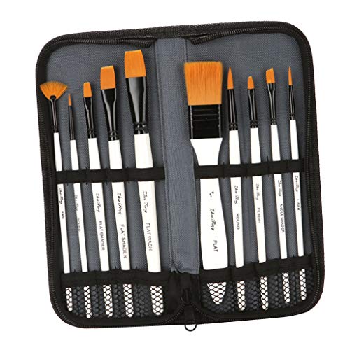 HBJWOV 10Pcs Nylon Hair Oil Acrylic Watercolor Painting Brushes Set W/Zipper Case