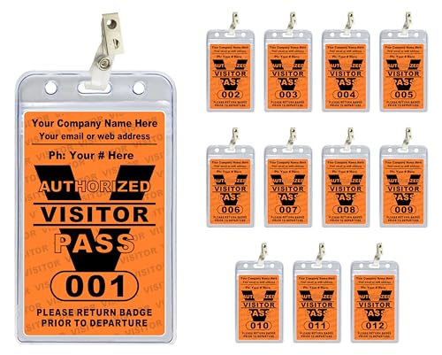 Visitor Pass Badges - PVC Plastic (Custom Printed with Your Company Name & Number) Available in 12, 36, 60 and 108 Piece Sets - Made in The U.S.A. Orange